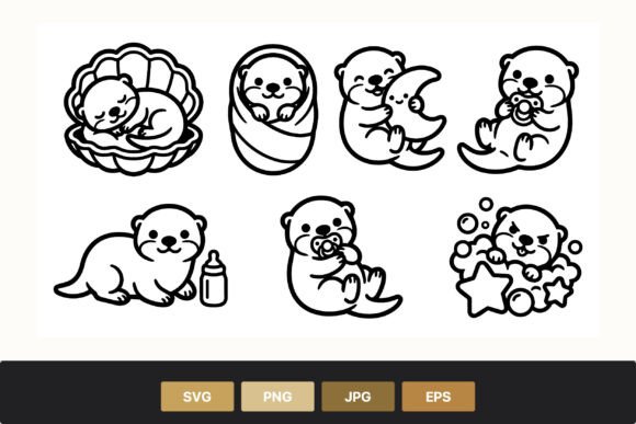 Download Cute Baby Otters Black White Outline - Premium Resources