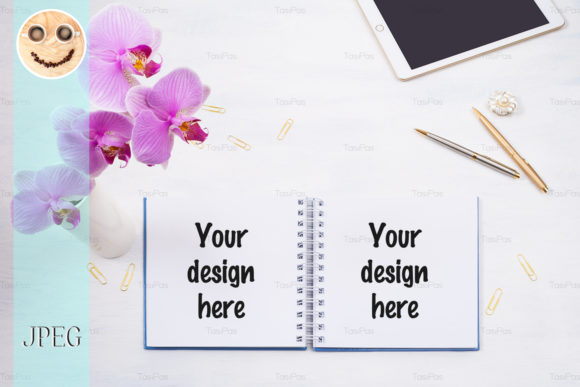 Download Notepad Mockup with Tablet &amp; Pink Orchid - Notepad mockup Collection