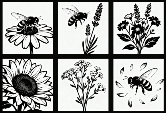 Download Bee Flower Clipart Black White Outline - Premium Bundle