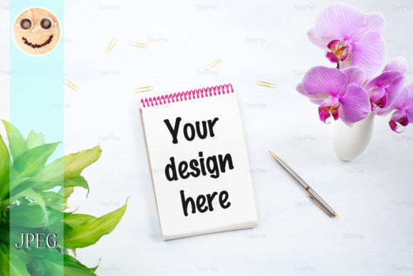 Download Notepad Mockup with Green Plant, Orhid - Notepad mockup Collection